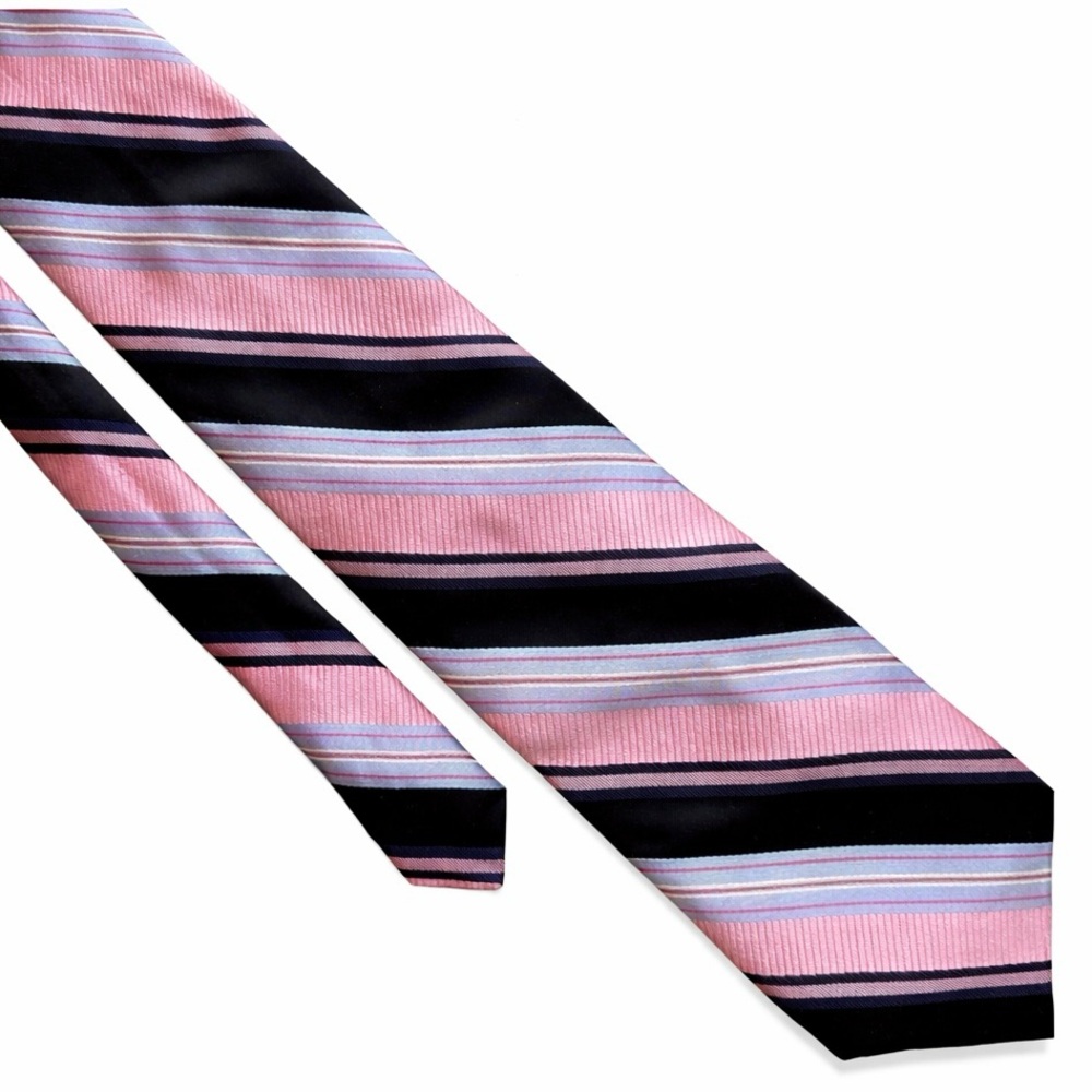 Pronto Uomo Pink Blue Black Striped 100% Silk Men’s Neck Tie 59.5x4 Traditional